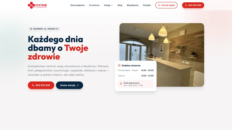 Strona internetowa Life-Centrum — placówka medyczna w Raciborzu