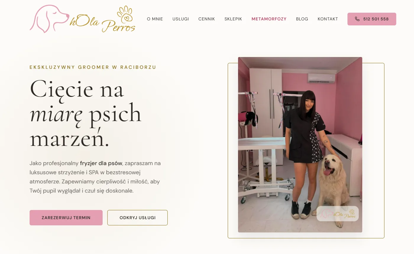 Strona główna hOla Perros: różowy salon groomerski w Raciborzu, hero z groomerką i golden retrieverem