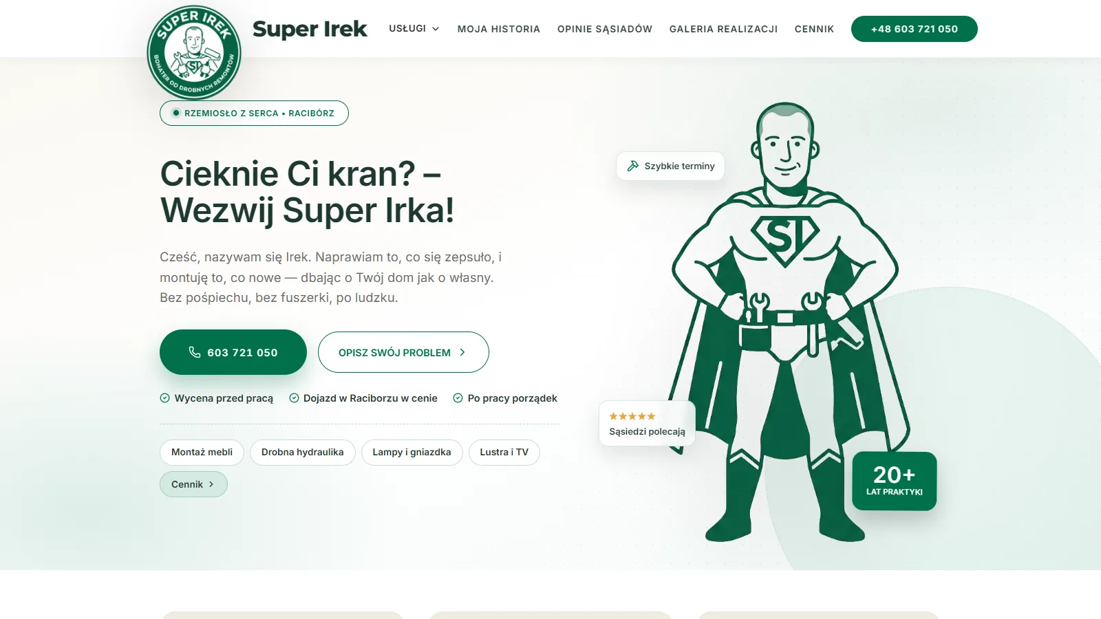 Strona internetowa Super Irek — usługi remontowe · Racibórz
